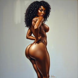 A polished, oil-based painting depicting a full nude body view of a gorgeous black woman with curly hair, beautiful breasts, and a big booty in a sensual pose