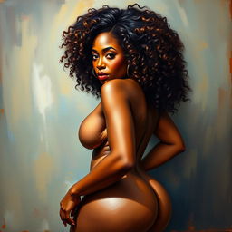 A polished, oil-based painting depicting a full nude body view of a gorgeous black woman with curly hair, beautiful breasts, and a big booty in a sensual pose