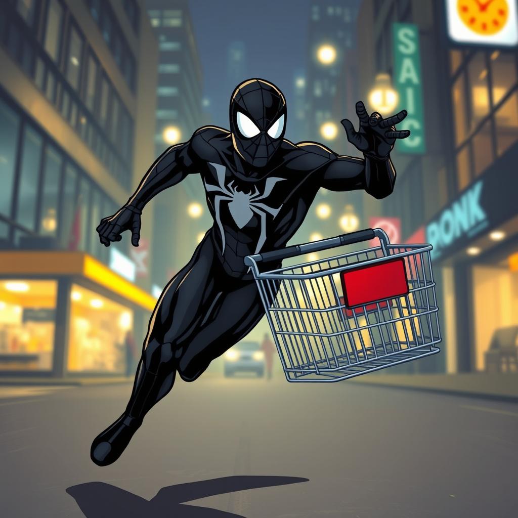 Black Spider-Man running with a shopping cart in hand, heading to shop at night, dynamic pose, urban nocturnal background, illuminated street lights, energetic and playful expression, comic book style