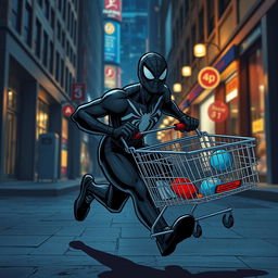 Black Spider-Man running with a shopping cart in hand, heading to shop at night, dynamic pose, urban nocturnal background, illuminated street lights, energetic and playful expression, comic book style