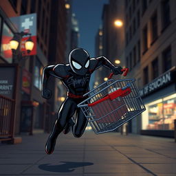 Black Spider-Man running with a shopping cart in hand, heading to shop at night, dynamic pose, urban nocturnal background, illuminated street lights, energetic and playful expression, comic book style