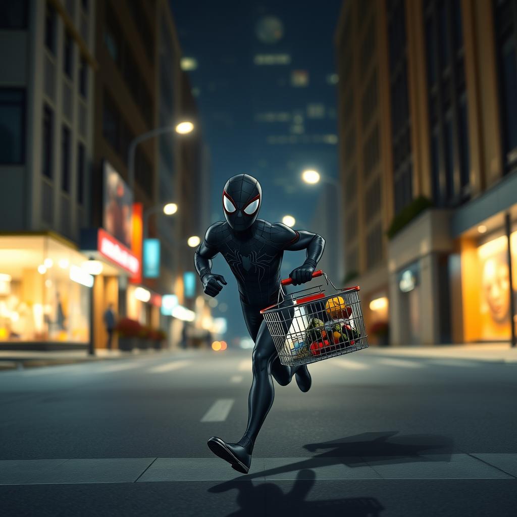 Black Spider-Man running with a shopping cart in hand, heading to shop at night, dynamic pose, urban nocturnal background, illuminated street lights, energetic and playful expression, comic book style