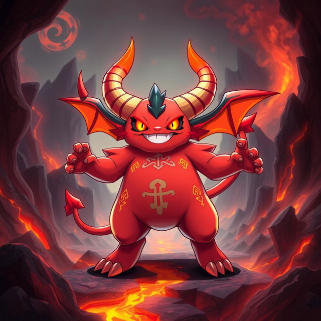 An imaginative Pokémon-inspired demon character with a vibrant red body, showcasing an exaggerated shortstack physique featuring big, wide hips