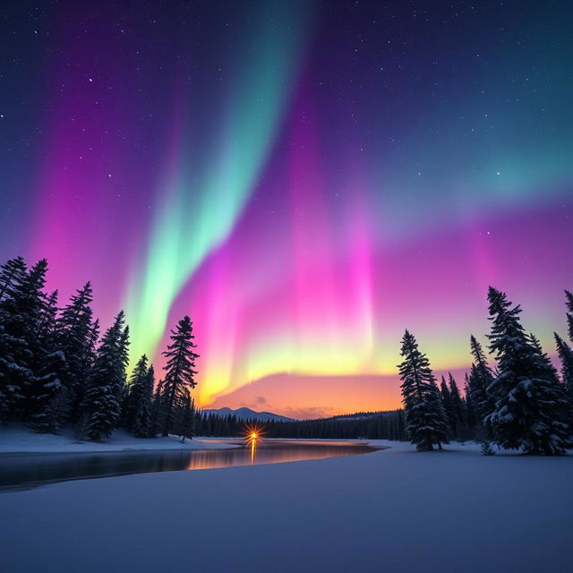 An image capturing a vivid display of aurora borealis dancing in the night sky over a tranquil, snow-covered landscape