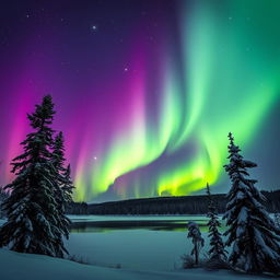 An image capturing a vivid display of aurora borealis dancing in the night sky over a tranquil, snow-covered landscape