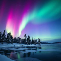 An image capturing a vivid display of aurora borealis dancing in the night sky over a tranquil, snow-covered landscape