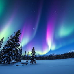 An image capturing a vivid display of aurora borealis dancing in the night sky over a tranquil, snow-covered landscape