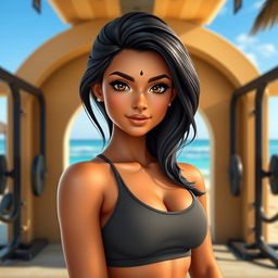 A realistic AI avatar of a 20-year-old Sri Lankan female standing confidently in front of a gym