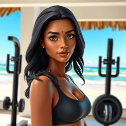 A realistic AI avatar of a 20-year-old Sri Lankan female standing confidently in front of a gym