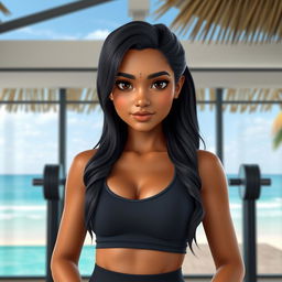 A realistic AI avatar of a 20-year-old Sri Lankan female standing confidently in front of a gym