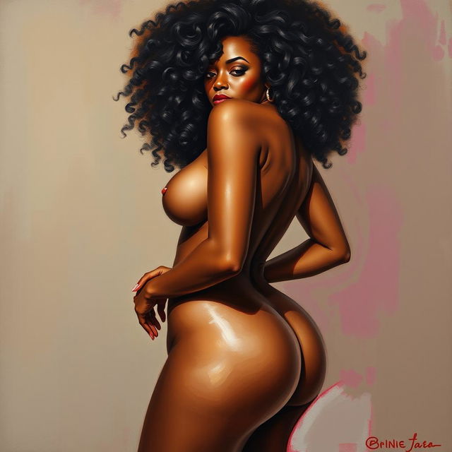 A polished, oil-based painting depicting a full nude body view of a gorgeous black woman with curly hair, beautiful breasts, and a big booty in a sensual pose