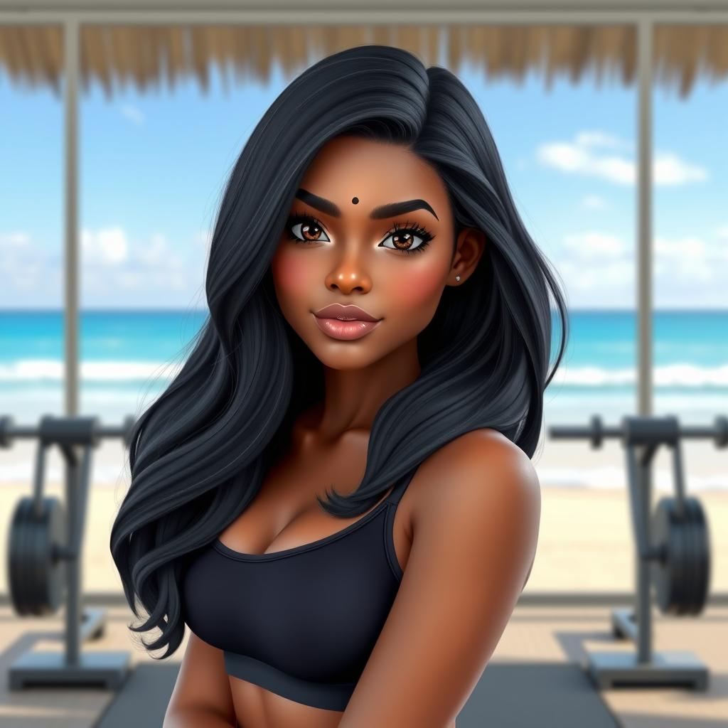 A realistic AI avatar of a 20-year-old Sri Lankan female standing confidently in front of a gym