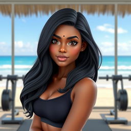 A realistic AI avatar of a 20-year-old Sri Lankan female standing confidently in front of a gym