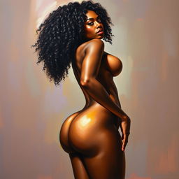 A polished, oil-based painting depicting a full nude body view of a gorgeous black woman with curly hair, beautiful breasts, and a big booty in a sensual pose