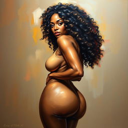 A polished, oil-based painting depicting a full nude body view of a gorgeous black woman with curly hair, beautiful breasts, and a big booty in a sensual pose