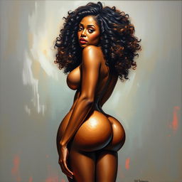 A polished, oil-based painting depicting a full nude body view of a gorgeous black woman with curly hair, beautiful breasts, and a big booty in a sensual pose