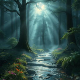 a mysterious and enchanting forest with dense fog and dappled moonlight shining through the towering ancient trees, casting magical and ethereal shadows on the forest floor, a small stream flowing gently with sparkling water and reflective surfaces, surrounded by colorful wildflowers and ferns, a sense of serene and mystical atmosphere, like a scene from a fairy tale, fantasy landscape, timeless beauty