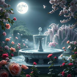 An ethereal garden bathed in moonlight, filled with a variety of blooming flowers like roses, lilies, and cherry blossoms