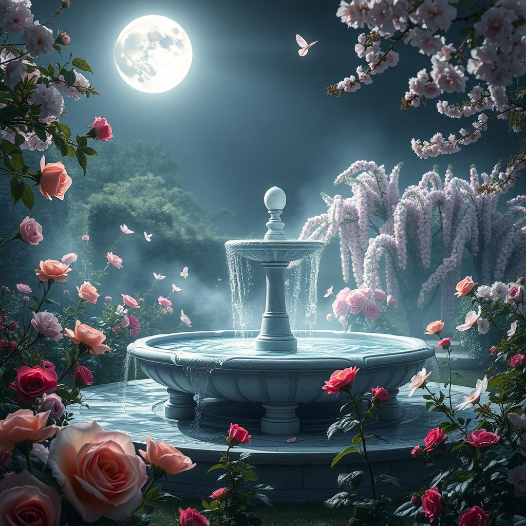 An ethereal garden bathed in moonlight, filled with a variety of blooming flowers like roses, lilies, and cherry blossoms