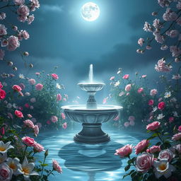 An ethereal garden bathed in moonlight, filled with a variety of blooming flowers like roses, lilies, and cherry blossoms