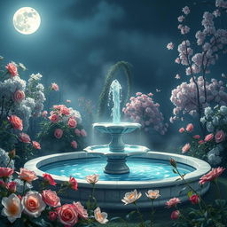 An ethereal garden bathed in moonlight, filled with a variety of blooming flowers like roses, lilies, and cherry blossoms