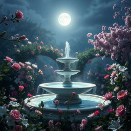 An ethereal garden bathed in moonlight, filled with a variety of blooming flowers like roses, lilies, and cherry blossoms