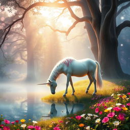 An enchanting scene of a unicorn grazing in a mystical forest, surrounded by vibrant flowers and magical sparkling lights