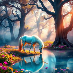 An enchanting scene of a unicorn grazing in a mystical forest, surrounded by vibrant flowers and magical sparkling lights