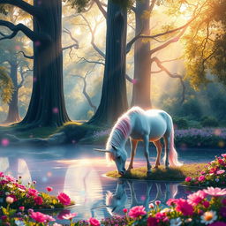 An enchanting scene of a unicorn grazing in a mystical forest, surrounded by vibrant flowers and magical sparkling lights