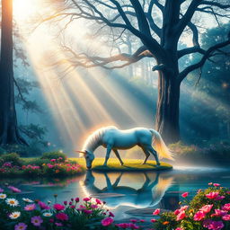 An enchanting scene of a unicorn grazing in a mystical forest, surrounded by vibrant flowers and magical sparkling lights