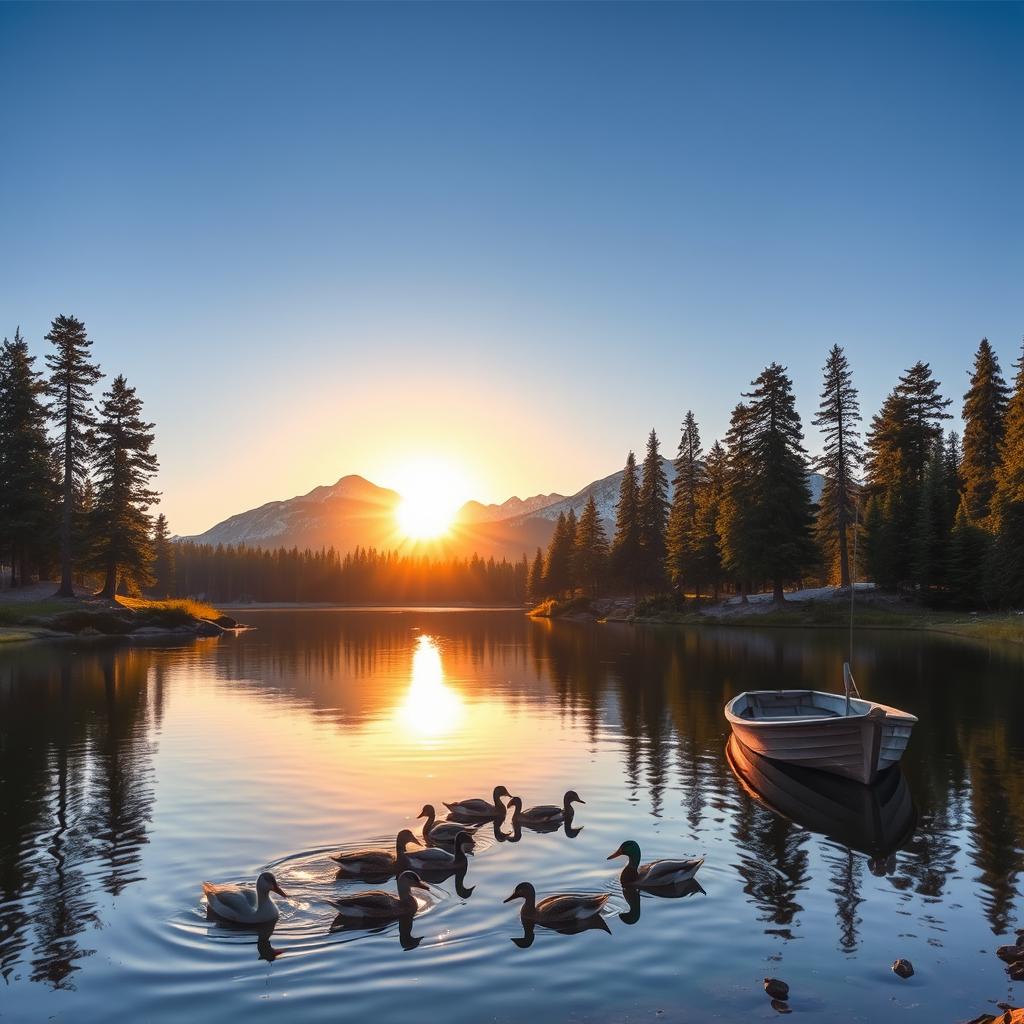 A serene landscape depicting a tranquil lake surrounded by tall pine trees, under a clear blue sky