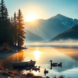 A serene landscape depicting a tranquil lake surrounded by tall pine trees, under a clear blue sky