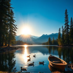 A serene landscape depicting a tranquil lake surrounded by tall pine trees, under a clear blue sky