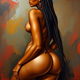 A polished, oil-based painting depicting a full nude body view of a gorgeous black woman with braids, beautiful breasts, and a big booty in a sensual pose