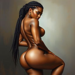 A polished, oil-based painting depicting a full nude body view of a gorgeous black woman with braids, beautiful breasts, and a big booty in a sensual pose