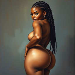 A polished, oil-based painting depicting a full nude body view of a gorgeous black woman with braids, beautiful breasts, and a big booty in a sensual pose