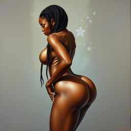 A polished, oil-based painting depicting a full nude body view of a gorgeous black woman with braids, beautiful breasts, and a big booty in a sensual pose