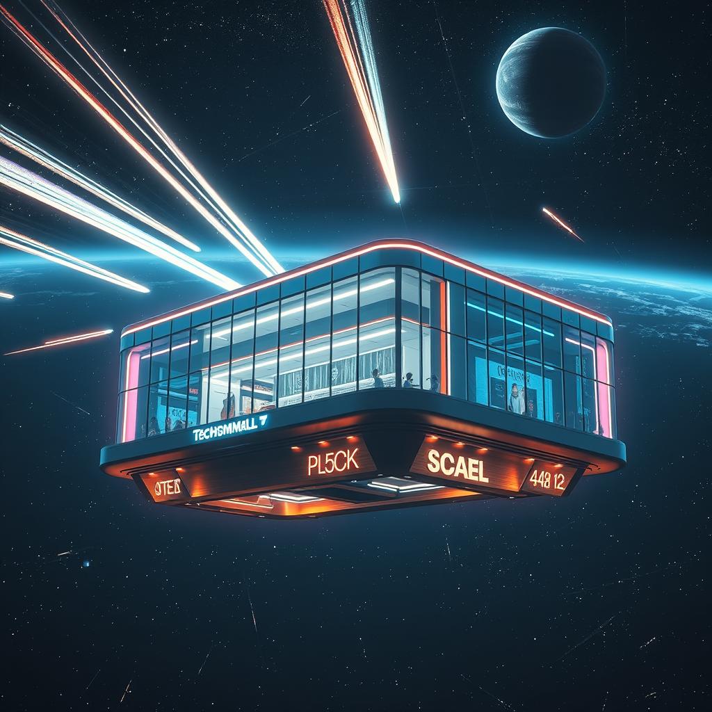 A technological shopping mall floating in space, illuminated by the glow of futuristic neon lights