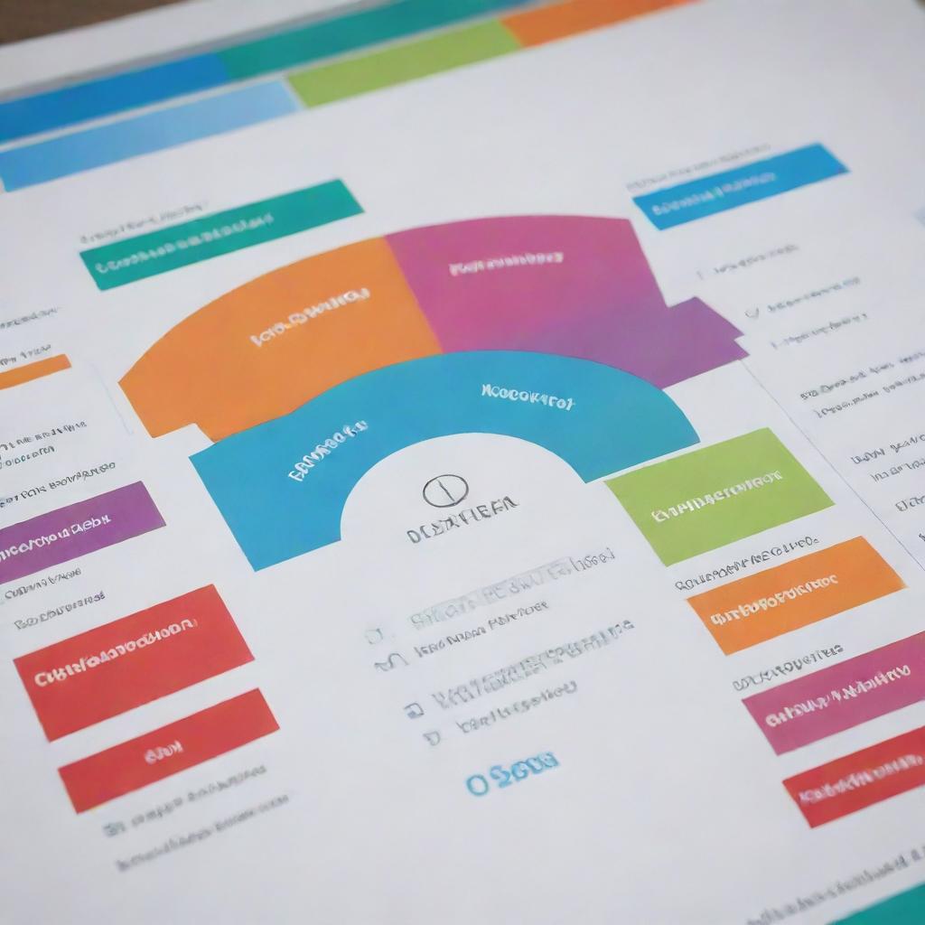 In a landscape orientation, create a highly detailed, technical-themed, complex graph including specific information with a detailed process scheme, using vibrant colors to distinguish each process.