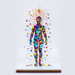 A captivating book cover showcasing an intricate assembly of small divine fragments, each with unique shapes and vibrant colors, coming together to form a whole human figure
