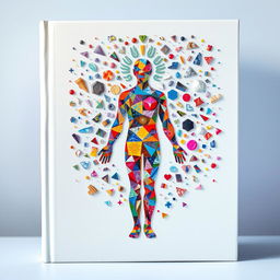 A captivating book cover showcasing an intricate assembly of small divine fragments, each with unique shapes and vibrant colors, coming together to form a whole human figure