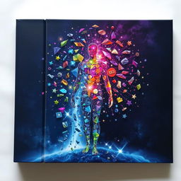 A captivating book cover showcasing an intricate assembly of small divine fragments, each with unique shapes and vibrant colors, coming together to form a whole human figure