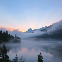 A serene mountain landscape at sunrise with mist hovering over the lake, surrounded by dense pine forests and majestic mountains in the distance