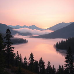 A serene mountain landscape at sunrise with mist hovering over the lake, surrounded by dense pine forests and majestic mountains in the distance