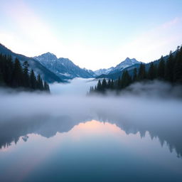 A serene mountain landscape at sunrise with mist hovering over the lake, surrounded by dense pine forests and majestic mountains in the distance