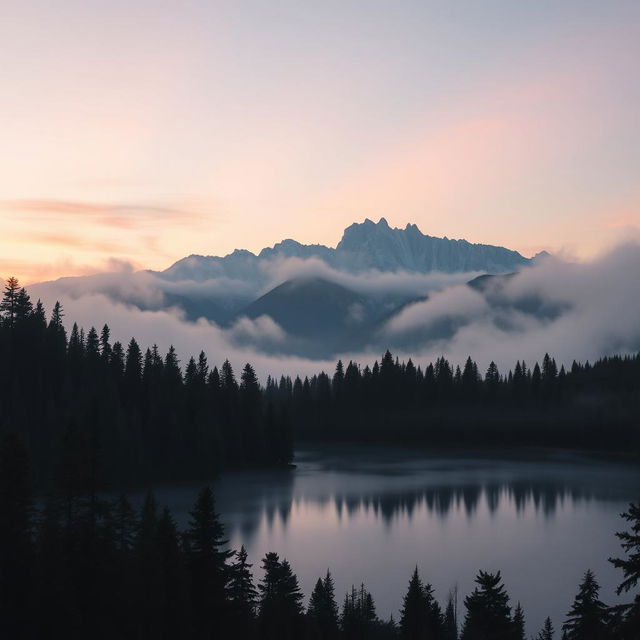 A serene mountain landscape at sunrise with mist hovering over the lake, surrounded by dense pine forests and majestic mountains in the distance