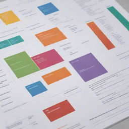 In a landscape orientation, create a highly detailed, technical-themed, complex graph including specific information with a detailed process scheme, using vibrant colors to distinguish each process.