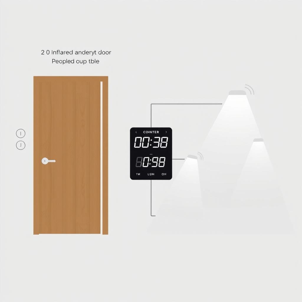 A visual representation of a smart lighting system, showing two infrared sensors by a door to count people entering and exiting a room