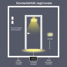 A visual representation of a smart lighting system, showing two infrared sensors by a door to count people entering and exiting a room