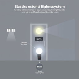 A visual representation of a smart lighting system, showing two infrared sensors by a door to count people entering and exiting a room